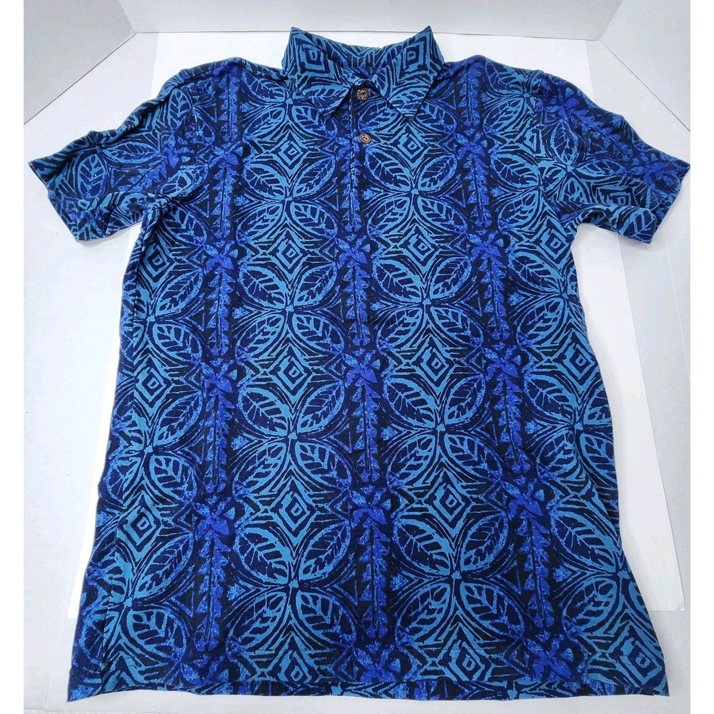 Crazy Shirts Hawaii Polo Shirt Mens Small Blue Hawaiian Print Wood Buttons Cotto